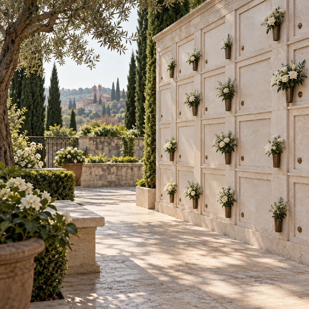 Giardino del ricordo con parete cineraria e vegetazione