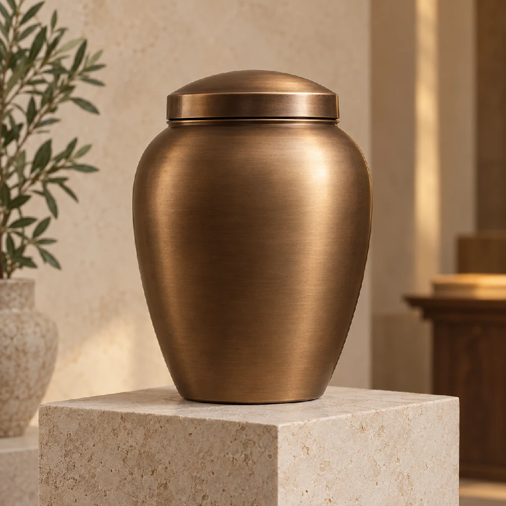 Urna cineraria in bronzo su un piedistallo in pietra
